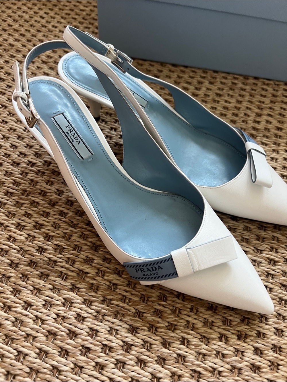 Prada White Leather Pointed Slingback Kitten Heels with Blue Prada Bow! - Picture 4 of 12